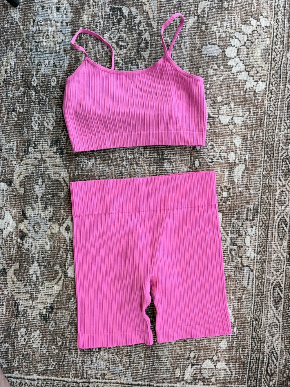 Girls ribbed  Pink sports bra and biker short set
